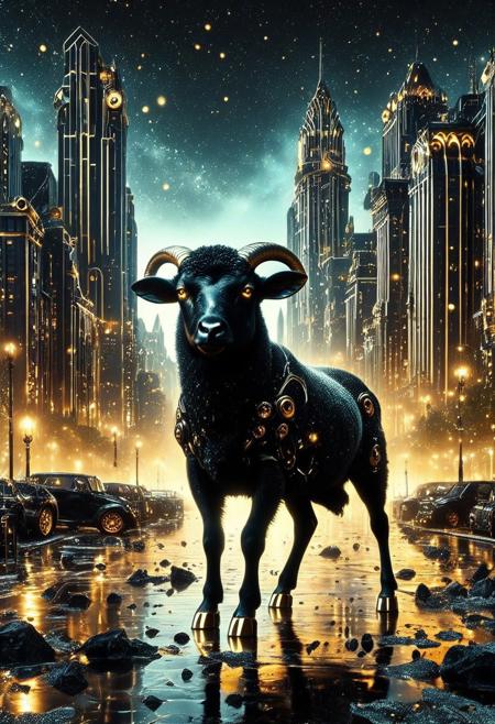 masterpiece, best quality, very aesthetic, absurdres,(score_9, score_8_up, score_7_up), createconcept, addmicrodetails, RetroBG, epic background, nightsky cityscape landscapes with black and gold palting, a metallic mechanical black and gold (sheep), glowing eyes, vivid eye color, (beautiful eyes:1.2), (gradient iris, crisp iris edges), confident pose, action dynamic pose, lazypos