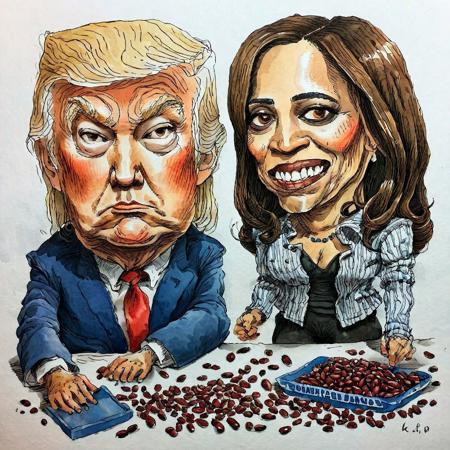 (hand drawn:1.5) ink and color (sketch:1.5) of Donald Trump and Kamala Harris counting and dividing red and blue beans, caricature in cuneo style, (full character:1.4),   (irregular lines:1.5), candid pose, extremely detailed, (surreal:1.5), paper texture background