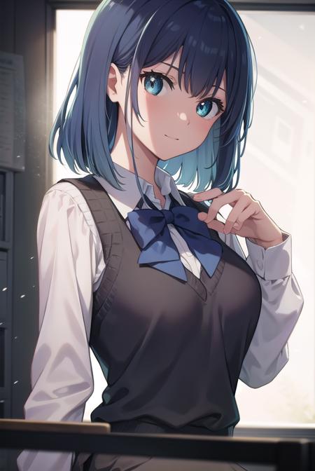 akanekurokawa, <lyco:akanekurokawa-lyco-nochekaiser:1>,
akane kurokawa, aqua eyes, blue hair, medium hair, sidelocks,
BREAK black sweater vest, blue bow, blue bowtie, bow, bowtie, collared shirt, long sleeves, puffy sleeves, school uniform, shirt, sweater vest, white shirt,
BREAK looking at viewer,
BREAK indoors, classroom,
BREAK <lyco:GoodHands-beta2:1>, (masterpiece:1.2), best quality, high resolution, unity 8k wallpaper, (illustration:0.8), (beautiful detailed eyes:1.6), extremely detailed face, perfect lighting, extremely detailed CG, (perfect hands, perfect anatomy),