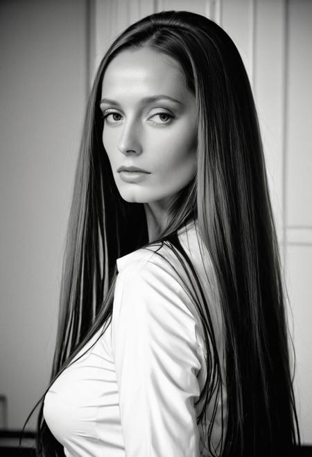 Extremely beautiful woman,very long hair, masterpiece,  1960s style portrait photograph by Helmut Newton, Rolleiflex medium format tlr