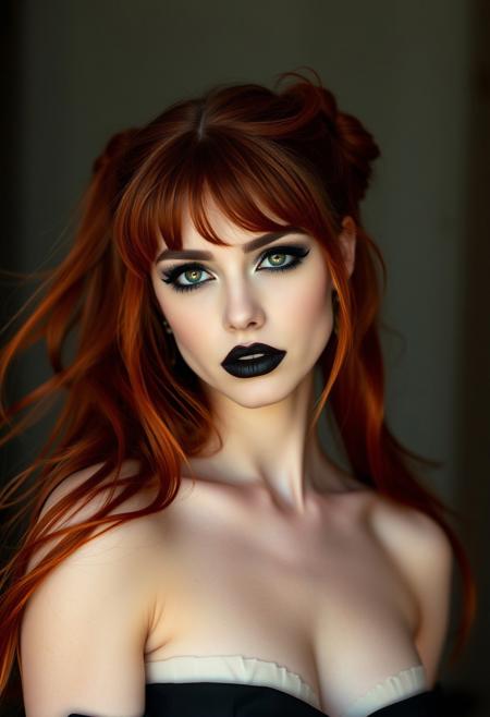 A stunning 25-year-old woman with flowing, fiery red hair styled in long, loose, high pigtails that cascade down her back. Her pale skin is contrasted by dramatic dark eye makeup, smudged black eyeliner, and a deep, matte black lipstick that drips slightly from her lips, adding a touch of rebellion and sensuality. She wears a flowing, elegant gothic dress that accentuates her curves. With a sensual yet dominant gaze, she steps forward, inviting the viewer into her world of darkness and allure.