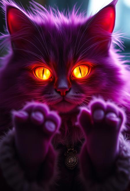 A luminous texture of a purple Cheshire hair stylized cat, glowing in the warm glow of its brightened eyes. With sliver paws reaching out to grasp and fur-lined clothing coverings a all caught gracefully within striking detail and beautiful details - reminiscent entirely oracular. <lora:FLUX_antiblur:0.5>, Film grain, cinematic film still, highly detailed, high budget, cinemascope, moody, epic, OverallDetail, gorgeous, 2000s vintage RAW photo, photorealistic, candid camera, color graded cinematic, eye catchlights, atmospheric lighting, imperfections, natural, shallow dof