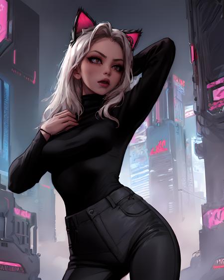 (masterpiece:1.2, best quality:1.2, high resolution),  <lora:Angel_Smalls_v2-04:1>, angel smalls,  cat ears,  detailed face, (cyberpunk), tight pants, black t-shirt, cyborg,