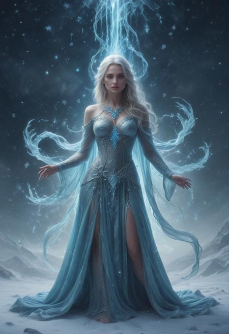 Frost Sorceress. Pale skin, glistening with a layer of frost, reflecting the light with a subtle, icy shimmer. Her long silver hair cascades down her back like a frozen waterfall, catching the light with each movement. Eyes, a piercing icy blue, with a slight inner glow that hints at her immense magical power. Her face is framed by high cheekbones, giving her an otherworldly beauty. Lips slightly parted. She's clad in gown made of silver, intricately woven with patterns that resemble snowflakes and frost. Robes adorned with crystals that catch the light, glimmering like diamonds in the cold. A long cape flows behind her, the edges encrusted with frost, trailing softly over the snow. Her hands are slender & graceful. She wields a tall, ornate staff that glows with an intense, magical blue light, casting an eerie glow around her. A vast frozen tundra stretches out behind her. Snowflakes fall gently from a gray, overcast sky, swirling around her in a delicate dance. Ice crystals form on the ground, creating a shimmering path. In the distance, towering glacial mountains loom, partially obscured by a thin veil of mist. The air is filled with the soft sound of the wind blowing across the ice, creating an atmosphere of serene, frozen beauty. Cool, ethereal lighting with a soft blue hue, enhancing the icy tones of her skin and robes. Light reflects off sow & ice, casting a frosty glow, adding to the mystical & powerful aura. bad_prompt_version2, negative_hand