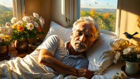 an elderly man peacefully lying in bed,warm soft sunlight streaming through the window,birds sitting on the windowsill,quiet and serene room,delicate flowers on the bedside table,the man's face showing peace,calm,and contentment,soft lighting,golden sunlight,cozy atmosphere,gentle shadows,a sense of love and respect in the air,calm expression,gentle wrinkles,relaxed posture,soft bed linens,peaceful morning light,the beauty of life's final moments,warm tones,harmonious composition,nature outside the window,birds chirping softly,a sense of completion and fulfillment,masterpiece:2,best quality,ultra highres,original,extremely detailed,perfect lighting,<lora:detailed_notrigger:1>,<lora:xl_more_art-full_v1:1>,<lora:MJ52_v2.0:0.5>,