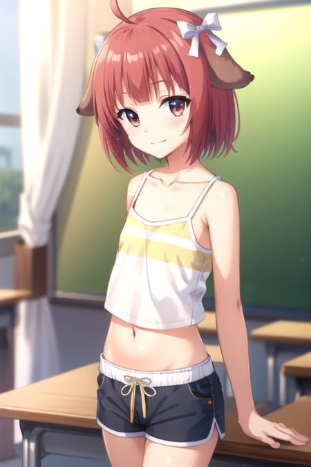 Suou ahoge,short hair,red hair,animal ears,dog ears,hair ribbon,white bow,blunt bangs,red eyes collarbone,blue camisole,striped camisole,midriff,flat chest,navel,yellow shorts,bare legs,barefoot