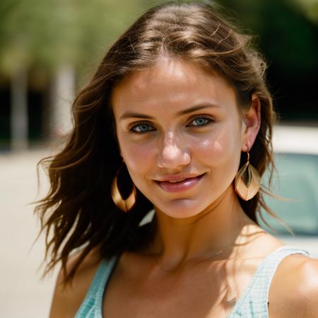 Realistic photo of a beautiful c4m3r0nd-v2 woman, 1girl, solo, looking at viewer, smile, short hair, blue eyes, blonde hair, brown hair, jewelry, earrings, parted lips, teeth, blurry, lips, blurry background, messy hair, portrait, realistic, soft lighting, professional Photography, Photorealistic, detailed, RAW, analog, sharp focus, 8k, HD, DSLR, high quality, Fujifilm XT3, film grain, award winning, masterpiece<lora:c4m3r0nd-v2:1.0>