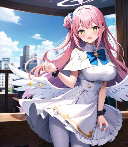 extremely best quality,ultra highly detailed,mika,1girl,cowboy shot:1.2,pink hair,long hair,yellow eyes,((white dress,single side bun,angel wings,wrist scrunchie,white capelet,white pantyhose,blue bowtie,halo,hair flower,large breasts)),smile,BREAK
highly detailed,indoor,cafe,romantic,blue sky,noon,looking at viewer,