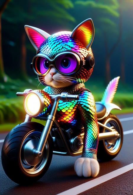 scaleboundsdxl, (made of rainbow scale:1.4), cute small classic motorcycle, cat driving on, wear round goggles, wear animal ears helmet, cinematic, cinematic lighting, (masterpiece, best quality:1.4), ultra-high res, 4k, Photorealistic, insanely detailed, sfw,
