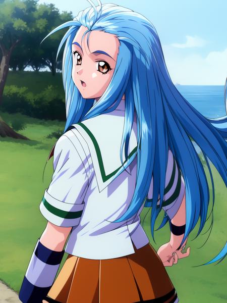 <lora:Minazuki_Kotoko:1>MinazukiKotoko, 1girl, school uniform, long hair, blue hair, solo, skirt, bag, brown eyes, looking back,
masterpiece, high quality, very_high_resolution, large_filesize, full color,