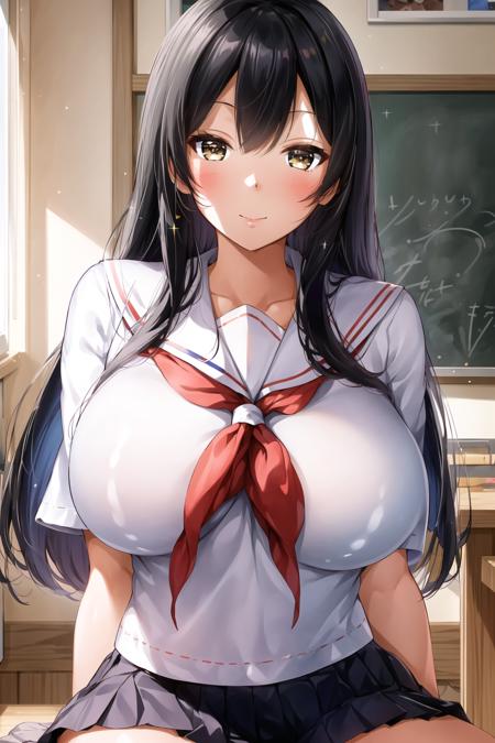 (day:1.7), in a room with a window,
sitting on the floor,
pleated skirt, school uniform, serafuku, short sleeves, skirt,
 <lora:Nanakamado_Ninoka_Nanakas_Paradise-KK77-V1:0.85>,
Black eyes, Black hair,bangs, Long_hair, yellow eyes,forehead,parted bangs,
1 girl, 20yo,mature female,Beautiful Finger,Beautiful long legs,Beautiful body,Beautiful Nose,Beautiful character design, perfect eyes, perfect face,
looking at viewer, in the center of the image,focus on face,
NSFW,official art,extremely detailed CG unity 8k wallpaper, perfect lighting,Colorful, Bright_Front_face_Lighting,
(masterpiece:1.0),(best_quality:1.0), ultra high res,4K,ultra-detailed,
photography, 8K, HDR, highres, absurdres:1.2, Kodak portra 400, film grain, blurry background, bokeh:1.2, lens flare, (vibrant_color:1.2)
(Beautiful,Large_Breasts:1.2), (beautiful_face:1.5),(narrow_waist),