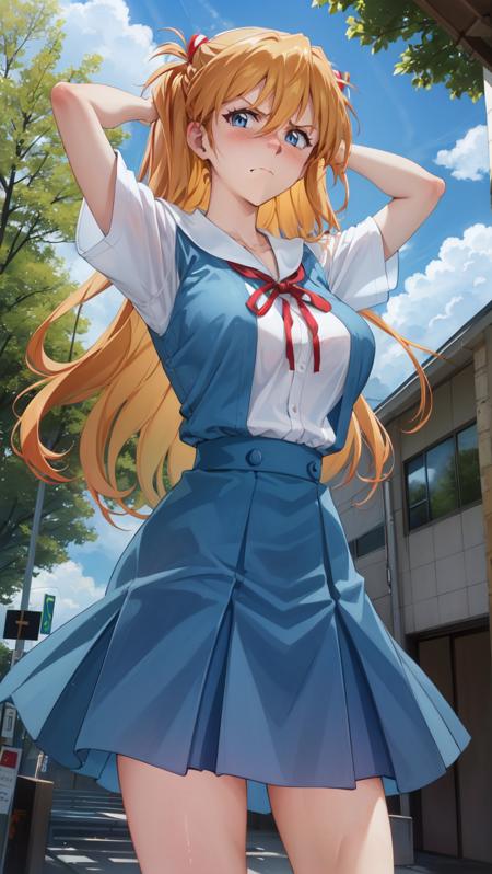 AsukaUn,  1girl,  solo,  long hair,  blue eyes,  orange hair,  bangs,  hair between eyes,  ilooking at viewer,  closed mouth,  cowboy shot,  skirt,  ribbon,  school uniform,  short sleeves,  large breasts,  shirt,  white shirt,  tokyo-3 middle school uniform,  blush,  standing,  blue skirt,  red ribbon,  arms behind head,  arms up,  frown,  neck ribbon,  two side up,  outdoors,  clouds,  day,  sky,  trees,  school,  campus,  hourglass body,  frown,  angry face,  wide hips,  hourglass body,<lora:EMS-270854-EMS:0.800000>