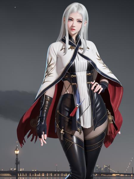 <lora:yongjiewujian jiyingying_20230712225712:0.75>,1girl,mature female, gloves, thighhighs, boots, looking at viewer, thigh boots, tassel, capelet, long sleeves, pantyhose, blue eyes, white hair, cityscape, night, fingerless gloves, cape,