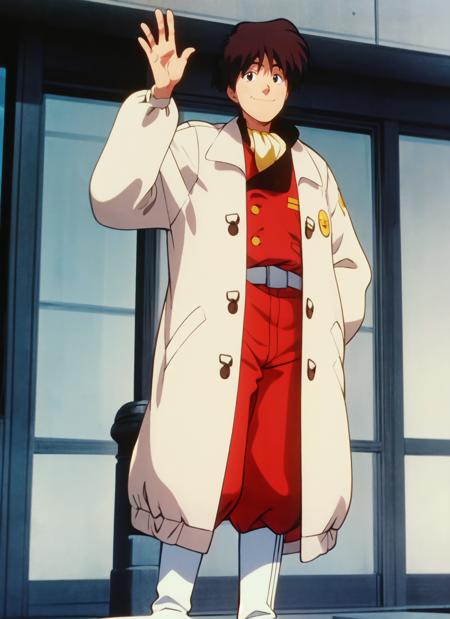 irrtylor 1990s (style), retro artstyle white coat, badge, military uniform, ascot, belt, red pants boots, white footwear