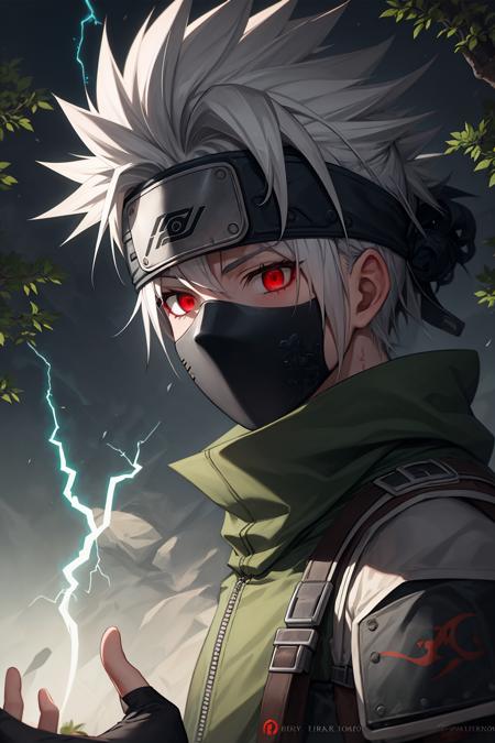 masterpiece, best quality,kakashi, 1boy, male focus, solo, mask, forehead protector, red eyes, glowing, ninja, mouth mask, konohagakure symbol, white hair, tree, electricity, magic, spiked hair, gloves, bare tree, fantasy, energy, electrokinesis, armor, artist name, watermark