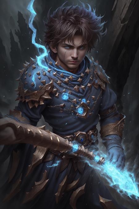 1 boy, prince, mage, short brown hair, blue eyes, thick eyebrows, lean body, blue robe, complex pattern, channeling, arcane magic, (Spellcasting:1.2), (synergy:1.2), (Blue Magic:1.2), battle roar, Battlefield, Scorched Citadel, Ashes and Dust falling, VFX, Fantasy, Time-Lapsing, Illustration, Cinematic Pose, Dutch Angle, Low Angle Shot, Depth of Field, Sharp Focus, Intricate Details, Tone-mapping, Ambient Occlusion, Backlighting, Shadow Mapping, Ambient Light, Secondary Fill Light, Spectacular Map, Atmospheric Perspective, Color Punch Overlay, Anti-Aliasing., Masterpiece, Best Quality, High Resolution, 4k. <lora:FantasyHero_v2-000005:0.6> f4nt4nsy style