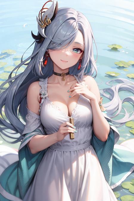 masterpiece, best quality,   <lora:shenhe:1>,1girl, solo, dress, flower, long hair, shenhe (genshin impact), hair ornament, blue nails, hair over one eye, breasts, looking at viewer, white dress, off-shoulder dress, earrings, tassel,holding, blue eyes, jewelry, petals, ribbon, holding flower, white flower, bare shoulders, blush, hair flower, blue ribbon, nail polish, off shoulder, closed mouth, bangs, tassel earrings, cowboy shot, white hair, frills, alternate costume, very long hair, choker, floating hair, aqua nails, frilled dress, large breasts, falling petals, cleavage, grey hair, dated, own hands together, medium breasts, smile, one eye covered, collarbone, aqua ribbon