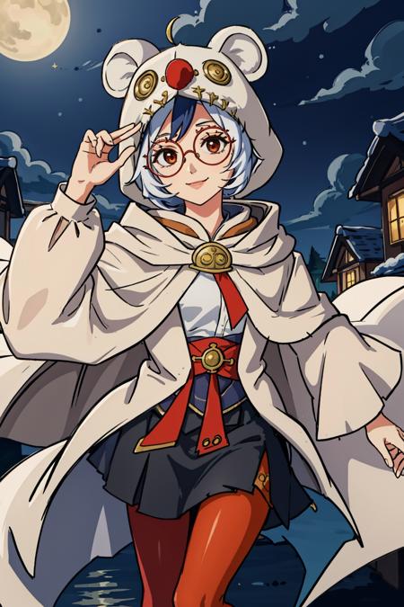 masterpiece, best quality, purah, red glasses, white sleeveless shirt, black skirt, orange pantyhose, mooglesuit, animal hood, white cloak, looking at viewer, smile, village, night<lora:mooglesuit-nvwls-v1:1.0> <lora:purah-nvwls-v1-final:0.8>