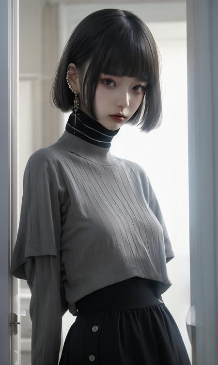 masterpiece, best quality, 32k, insane details, intricate details,
1girl, fashion photography, in style of angura keihime - cut, straight hairin a minimalist Misasakan roomhigh-wistskirtcllaredshirt(short hair:1.4)stripedblunt bangs(Mole under eye:1.0),hand in pocketflower
<lora:hime cut_20230820175457:0.8>