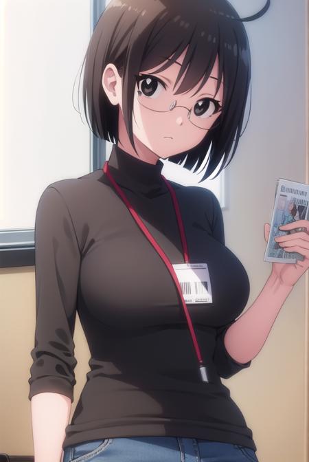 lucyyamagami, <lora:lucy yamagami s1-lora-nochekaiser:1>,
lucy yamagami, short hair, black hair, (black eyes:1.5), ahoge, glasses,
BREAK pants, sweater, turtleneck, id card, lanyard,
BREAK indoors, office,
BREAK looking at viewer, (cowboy shot:1.5),
BREAK <lyco:GoodHands-beta2:1>, (masterpiece:1.2), best quality, high resolution, unity 8k wallpaper, (illustration:0.8), (beautiful detailed eyes:1.6), extremely detailed face, perfect lighting, extremely detailed CG, (perfect hands, perfect anatomy),