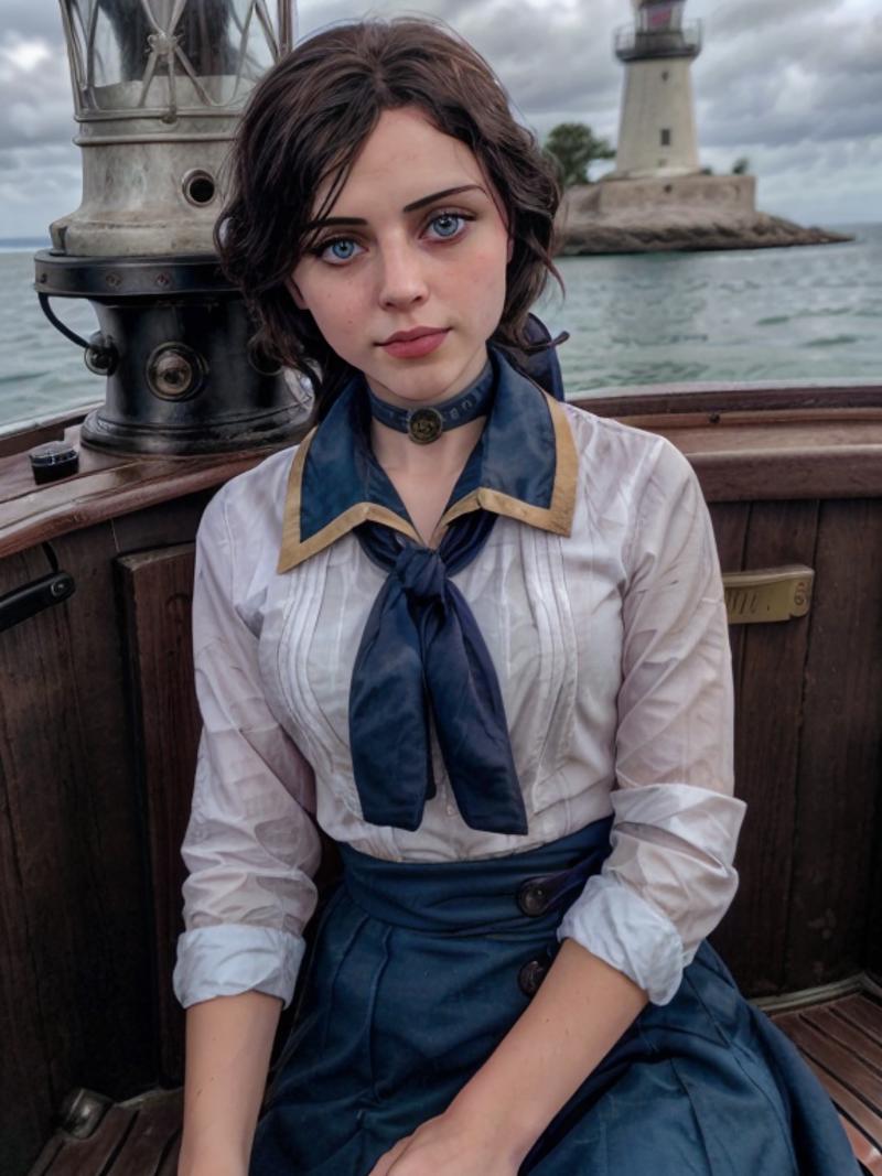 A woman with blue eyes and a blue tie sits on a boat.