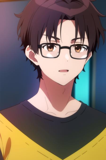 (best quality:1.1), (masterpiece:1.4), game cg, , , depth of field, ligne claire, , 1boy, solo, male focus, <lora:akito_sendou:0.84>, akito_sendou, black hair, brown eyes, short hair, , glasses