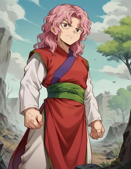 genkai, long hair, brown eyes, pink hair, wrinkled skin,  long sleeves, pants, sash, chinese clothes,