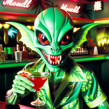 Vampyfangs1. a film still photo. 35mm. 4k. From a 2003 movie. A green vampire alien wearing a hawaiian shirt is showing off his fangs, he is drinking a cocktail at a bar.