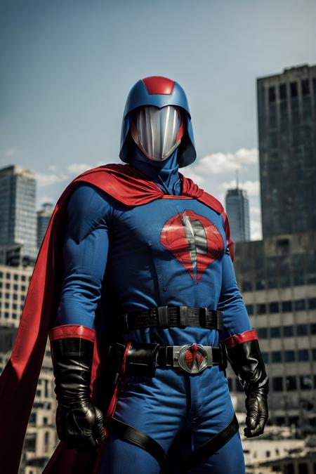 (RAW photo:1.2),(masterpiece:1.4),(photorealistic:1.4),(best quality:1.4),
(upper body:1.4),<lora:GI Joe-Cobra:1>,gijoe-cc,1man,solo,male focus,cape,gloves,superhero,belt,black gloves,blue helmet,red cape,holding,bodysuit,mask,blue bodysuit,Outdoor,City Ruins,(fighting pose:1.2),Cotton Fabric,cotton clothing,Daytime,Noon,