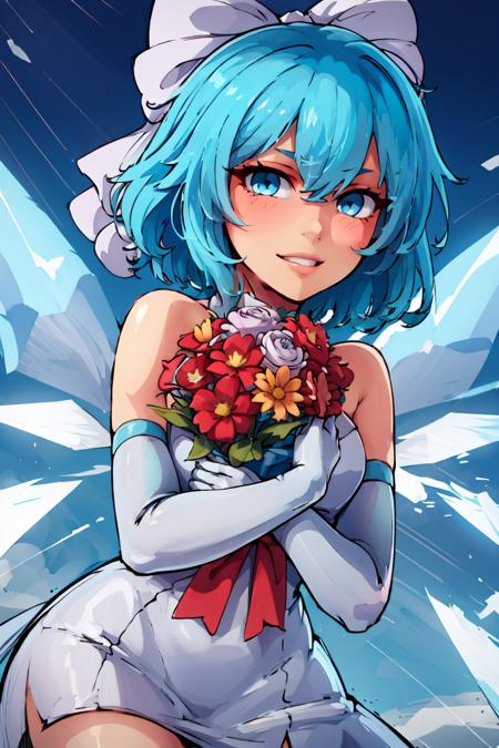  Cirno_Touhou,  1girl, cirno, solo, blue hair, bow, hair bow, short hair, blue eyes, blue bow, wings, ice, ice wings, dress, blue dress,