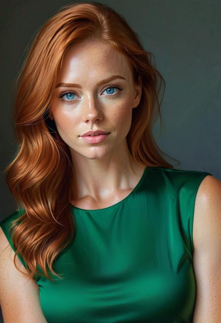 oil painting   cute 28 year old woman, clothed, muscular  ginger hair,  tight green blouse, aesthetic, great lighting, unaestheticXL_Alb2, blue eyes, perfecteyes, Perfect Hands