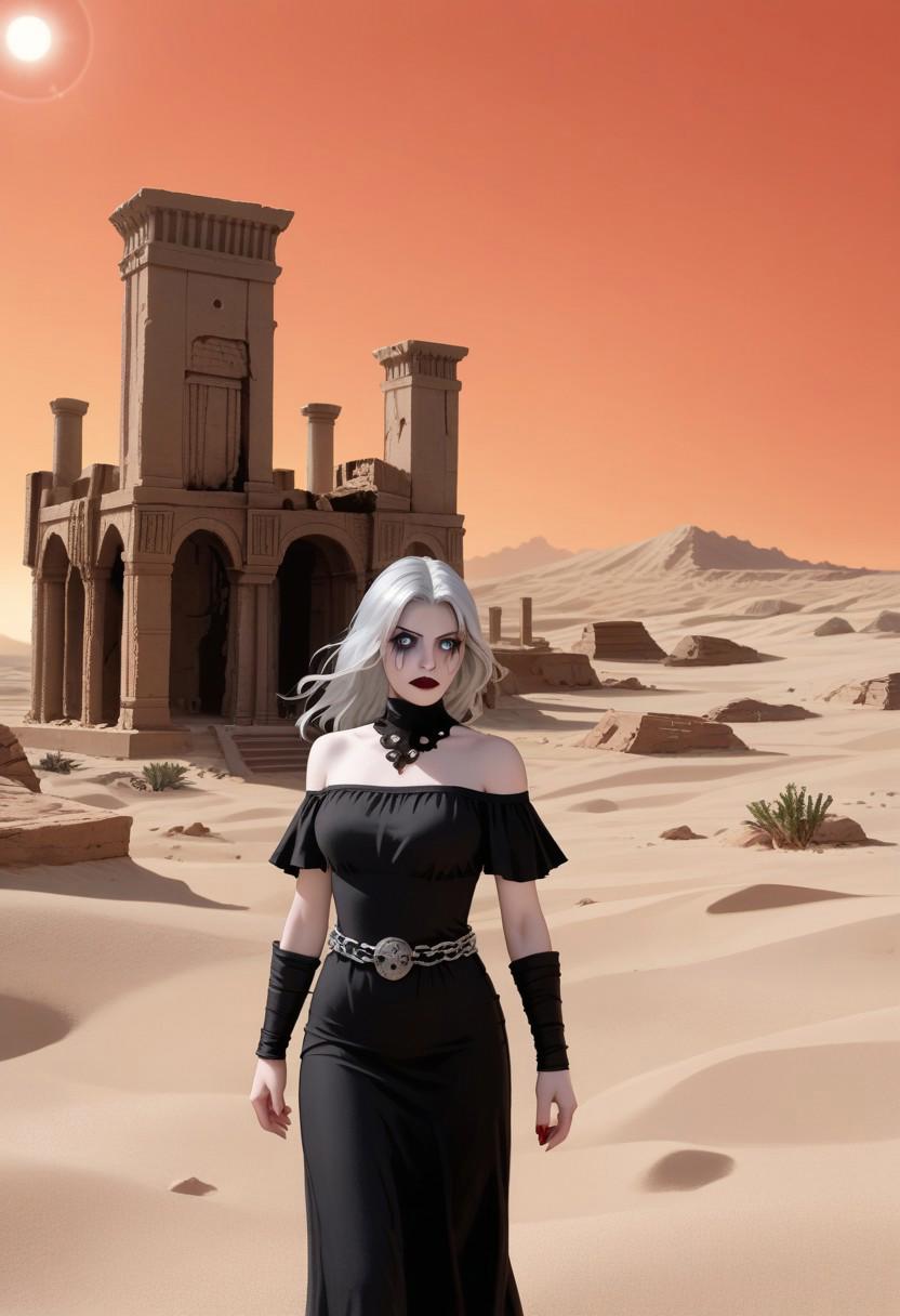 Depict Lady Death, an alluring and sinister supervillain with flowing, luminescent silver hair cascading down her back. Her piercing eyes, highlighted by striking dark mascara, evoke both beauty and terror. Clad in a dramatic, tattered black gown, she wears a metal chain belt adorned with a skull buckle. Set in a moonlit, windswept desert landscape, this scene features jagged cliffs and ancient ruins partially buried in sand, where whispers of lost souls linger. A blood-red sun sets on the horizon, casting long shadows that stretch across the scene, while spectral figures emerge from the ruins, trapped between worlds. The atmosphere brims with an unsettling sense of beauty and despair, evoking a haunting horror concept.