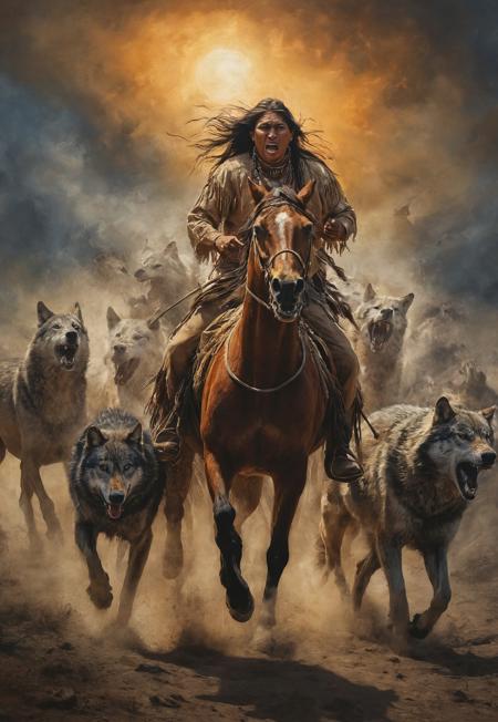 native american on his horse trying to escape a wolf pack, wolves attacking the horse, the wolf pack is after the horse, wolves focused on the horse, yelling, prairie, action, dramatic motion, dust, dark night, sundown, detailed oil painting style