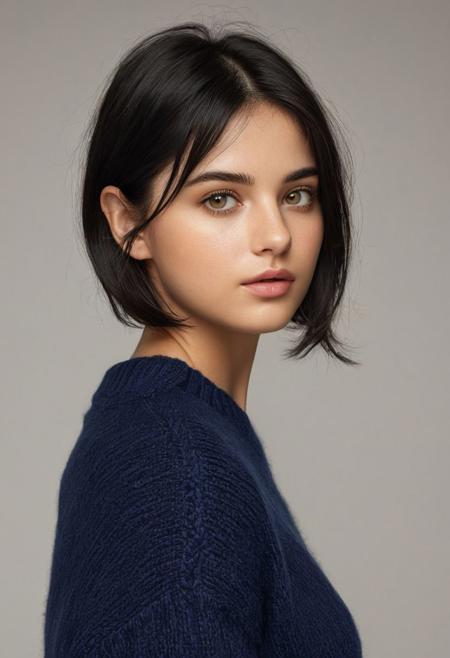 (1girl), beautiful face, (realistic face), (black hair, short hair:1.3), beautiful hairstyle, realistic eyes, beautiful detailed eyes, (realistic skin), beautiful skin, absurdres, attractive, ultra high res, ultra realistic, highly detailed, golden ratio, dark, rim lighting, 
realistic sexy girl with a pretty face, (((navy blue sweater, black jeans))), wearing a stylishnavy blue sweater, black jeans with a funny expression on her face. The background is [(white background:1.2),::5] lines , (cover-style:1.5), fashionable, woman, vibrant, dynamic,funny,
