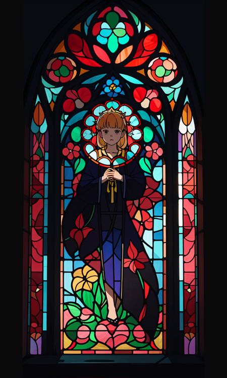 stgl2023, uhd, best quality, masterpiece, trending on arstation, flat colors, 1girl, anime, stained glass window,