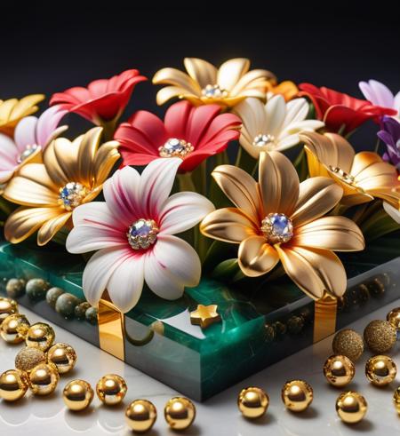 flowers, Bling, gold, HD, Photo, in Marbles, Puzzle,  table,Highly Detailed,