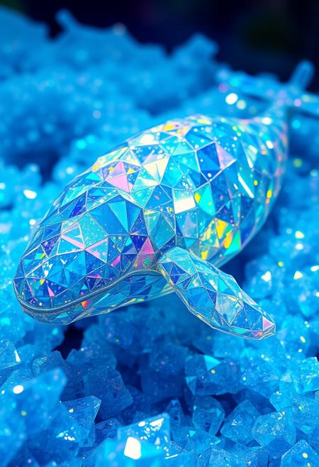 Create a surreal, dreamlike scene of a whale, but instead of traditional skin and flesh, the whale is made up of delicate, crystalline structures that seem to refract and reflect light in a dazzling display of colors and patterns. The crystals are arranged in a intricate, geometric pattern that seems to shift and change as the viewer looks at it, creating a sense of depth and texture. The art style is a fusion of traditional crystallography and digital art, with bold, vibrant colors and intricate, detailed patterns that create a sense of depth and texture. The colors are bright and glowing, with a focus on blues, greens, and purples to convey a sense of wonder and magic. Style: crystallography, digital art, surreal. Colors: bright, glowing, blue, green, purple. Highest-Quality, 4k, Masterpiece
