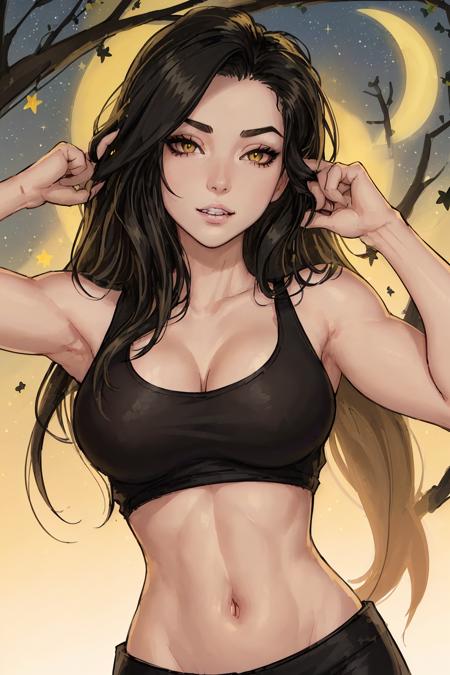 bmb-fc,  <lora:bimbo-fc-1.6:1>, eyes, eyeshadow, pupils, eyebrows, nose, lips, teeth, face, hair, long hair, 1girl, solo, from_above, crop top, detailed face, yellow bodycon tank top, black hair, park, sky, trees, pale skin, moonlight, stars, 1girl, statement sunglasses, woman,petite, vivid colors, bokeh background, subject for emphasis,dramatic colors,