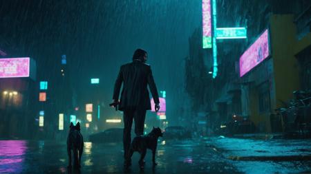 John Wick, aiming gun at viewer, action, looking at viewer:1.3, dog, cyberpunk, cyberpunk reimagined, cybernetic enhancement, night, heavy rain, wet, neon lights, (full body shot:1.2), (looking along street view:1.1), dystopian, cinematic masterpiece, 8k, HDR, photorealistic, best quality, high quality, masterpiece, hyper-realistic.