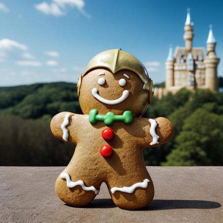 Gingerbread_Man, food, cookie, food focus, no humans, (knight, helmet, armor:1.1), outside, sky, hill, castle