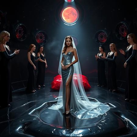 high-society elegant slender norvegian  rich   innocent young bride wearing   glossy silver high heels and glossy transparent slime  high slit wedding gown with matching long veil. She posing  in center of the floor hole, filled with glossy black slime, surrounded by arrogant ladies wearing elegant black gowns and high heels, pulling her toward  giant slime covered glossy red foil breeding  pillow, eerie fog that wafts up from the fleshy jelly floor, encased in light beam from the chamber celling, awaiting her alien master, strugging to break free and escape, glossy live wet-look jelly walls, whorish breeding chamber, colossus observation portholes to outer space full of stars, bright red moon, vintage-inspired makeup, long hairs, ultra thin waist, evil grin, porcelain skin, lipstick, red nails, in the style of a haunting, retro-futuristic 1950s sci-fi nightmare, horror, alien space base,