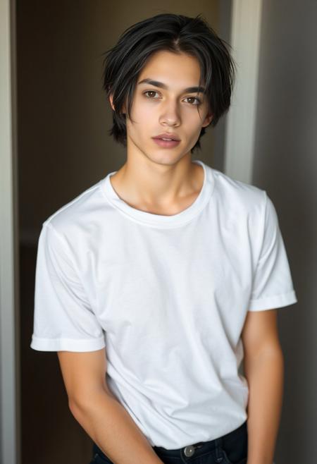 a beautiful 20 years old caucasian androgynous man, pale skin, black hair in medium shaggy cut haircut, brown eyes, thin, body with no visible muscles, natural beautiful face, white t-shirt, black jeans, looking at viewer