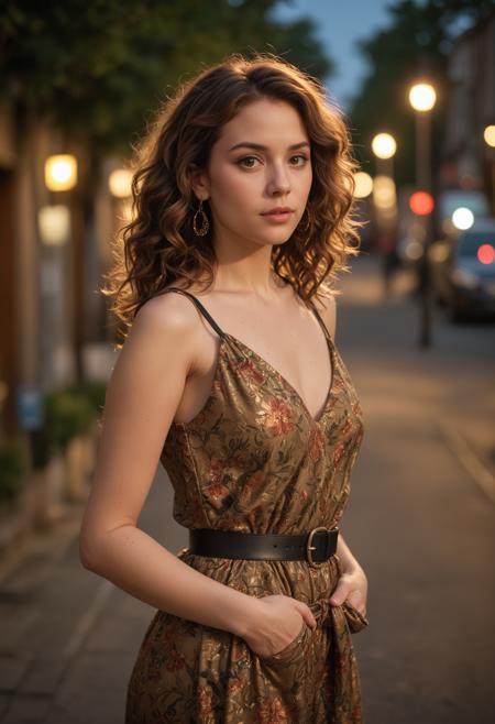 Midshot,woman,dusk setting,outdoor,floral dress,black belt,standing,bokeh background,street lights,tree-lined pathway,medium shot,contemplative expression,curly hair,natural makeup,hoop earrings,hand in pocket,warm color tone,blurred background,shallow depth of field,fashionable attire,young adult,dusk lighting,
bokeh,f1.4,40mm,photorealistic,raw,8k,textured skin,skin pores,intricate details,<lora:epi_noiseoffset2:1>,<lora:crowd_notrigger:1>,BeyondSDXLv3,<lora:bright_blue_eyes:1>,, ultra quality, ultra detailed, intricate details, 8k, hdr, epic realistic, tilt-shift, Bokeh, dramatic light, dynamic lighting, golden hour, moody lighting, night time, shadow, award-winning, ultrarealistic, octane<lora:whos_in_whoville:1><lora:whos_in_whoville:1><lora:whos_in_whoville:1><lora:whos_in_whoville:1>