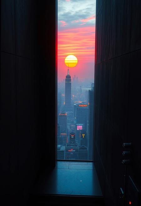 A fleeting sunrise seen through a narrow, tinted slit in the sleek, matte-black concrete wall of a futuristic, dystopian high-rise. For a single second, the sun’s neon-orange rays stream in, casting a surreal, warm glow across the sterile interior filled with glowing holographic displays and humming machinery. Beyond the slit, a sprawling cyberpunk cityscape unfolds with towering megastructures and flickering neon signs silhouetted against a sky streaked with electric pink and violet hues. The brief sunlight glints off a metallic surface inside, emphasizing the contrast between the cold, high-tech environment and the ephemeral beauty of the sunrise, before shadows reclaim the scene.