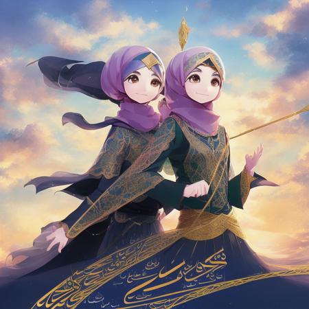 emotional expressions, calligraphy elements, detailed character design, mystical powers, elaborate backgrounds, fantasy setting, colorful and vibrant, Hejab Islamic, magical elements, traditional Arabic clothing, dynamic action scenes, Anime Arabic Style,