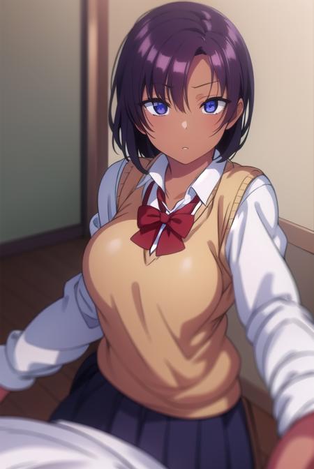 saehinata, <lyco:saehinata-lyco-nochekaiser:1>, 
sae hinata, blue eyes, purple hair, dark skin, dark-skinned female, short hair,
BREAK shirt, bow, school uniform, white shirt, collared shirt, bowtie, red bow, sweater vest, brown sweater,
BREAK looking at viewer,
BREAK indoors, classroom,
BREAK <lora:GoodHands-vanilla:1>, (masterpiece:1.2), best quality, high resolution, unity 8k wallpaper, (illustration:0.8), (beautiful detailed eyes:1.6), extremely detailed face, perfect lighting, extremely detailed CG, (perfect hands, perfect anatomy),