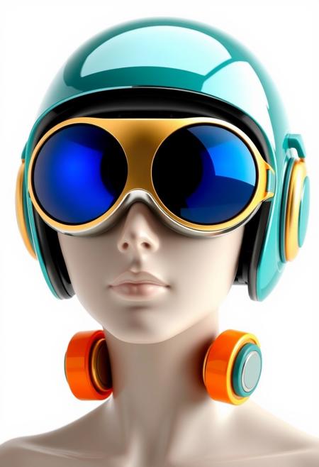 The figure's head is encased in a streamlined helmet, predominantly chrome with teal accents. The helmet appears highly polished, with a smooth, almost glossy finish. Integrated into the helmet are large, circular, reflective lenses that cover the eyes entirely. The lenses glow with blue hue, giving off a cool, futuristic aura. These oversized goggles suggest an augmented reality or heads-up display function, typical of high-tech environments. Around the figure’s ears are sleek, futuristic headphones, which are seamlessly built into the helmet design. These headphones are primarily orange with grey, horizontal stripes along the side, indicating an interface for communication or audio enhancements. The skin tone appears smooth and artificial, hinting at synthetic or modified human characteristics