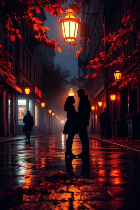 Vibrant autumn street at dusk, rain-slicked pavement reflecting ornate lamplight. A couple silhouetted against glowing fog. Dramatic chiaroscuro lighting. Vivid red and gold leaves scattered on wet ground. Deep shadows contrast with warm, golden illumination. Cinematic composition, high saturation, sharp details. Moody atmosphere with rich, jewel-toned colors. 4K resolution, hyperrealistic style, Cyberpunk