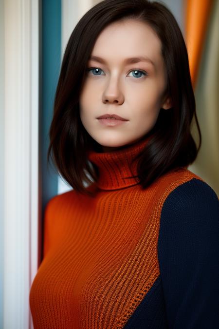 portrait of a young woman wo_ebloom01, with short black hair, blue eyes, intricated details, hyperdetailed, cinematic, high key, hdr, turtle neck orange blouse