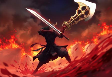 anime, fight, death with his scyte vs samurai in black garment with a huge sable spade